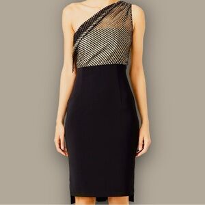 INTER-PRET.US Gold & Black One Shoulder ‘Alloy Sheath Dress’ Size 2